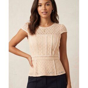 Bebe | Short Sleeve Mixed Lace Corset Peplum Style Top in Beige | Size	Medium